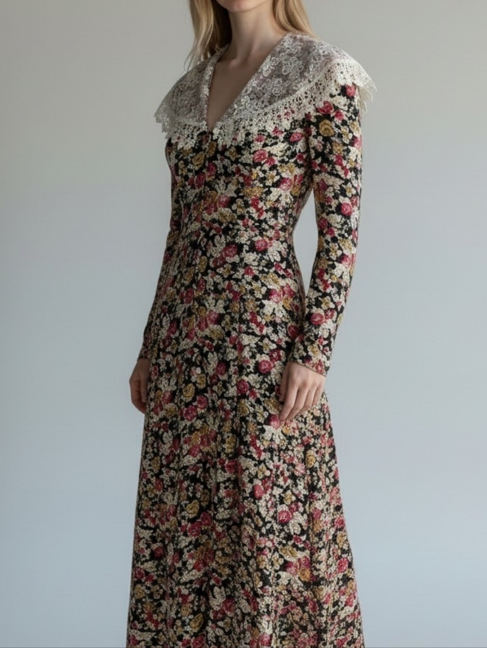 SCOTT McCLINTOCK Vintage 80s Black Floral Cottagecore Midi Dress sz 4 S Women's